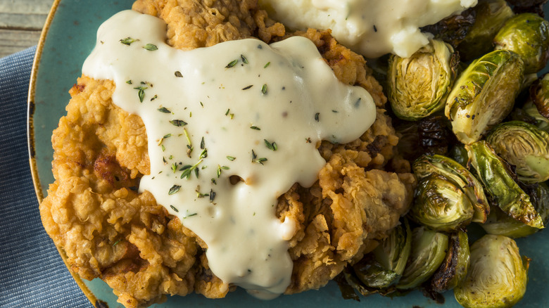 Chicken-fried steak with Brussels sprouts