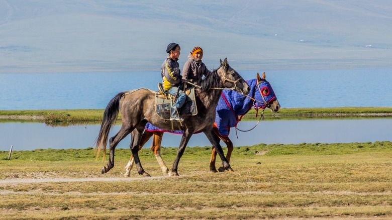 Kyrgyz kids riding horses in mountain landscape 