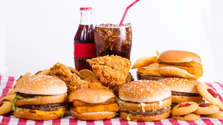 Hamburgers, fried chicken, soda