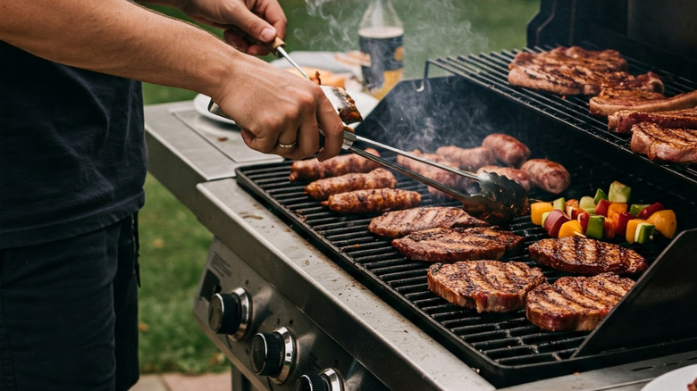 Man barbecuing various meats on an outdoor grill