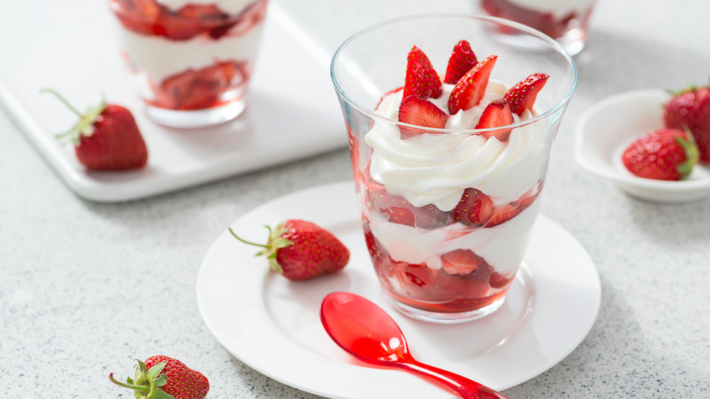 Strawberries Romanoff in a clear glass