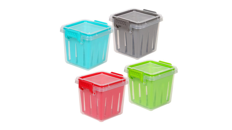 Four fruit and vegetable storage containers with lids in different colors
