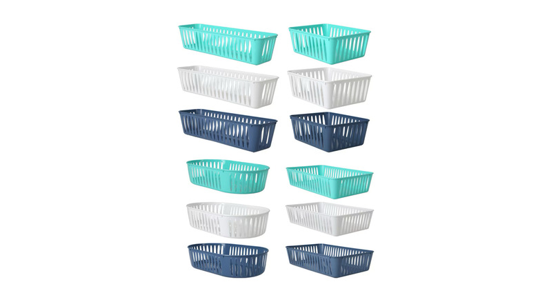 Twelve different multi-purpose plastic baskets in different colors