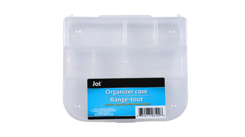 A plastic 9-compartment organizer case