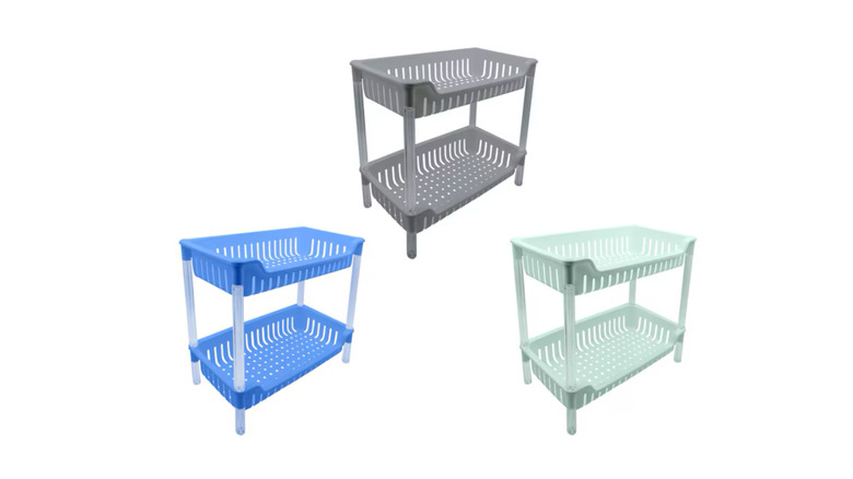 Three 2-tier plastic stackable racks in an assortment of colors