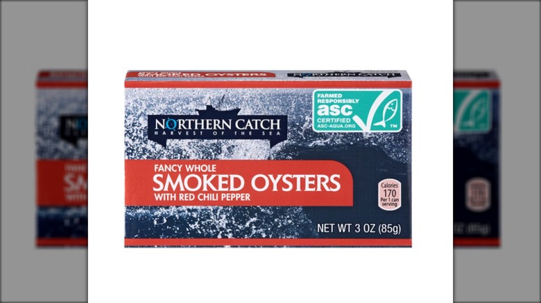 package of whole smoked oysters with chili pepper