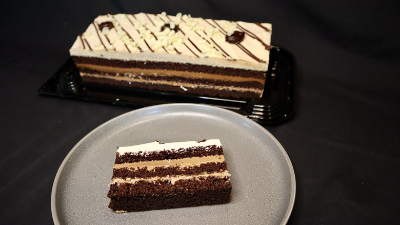 A rectangular cake piece on a plate with small sheet cake in the background