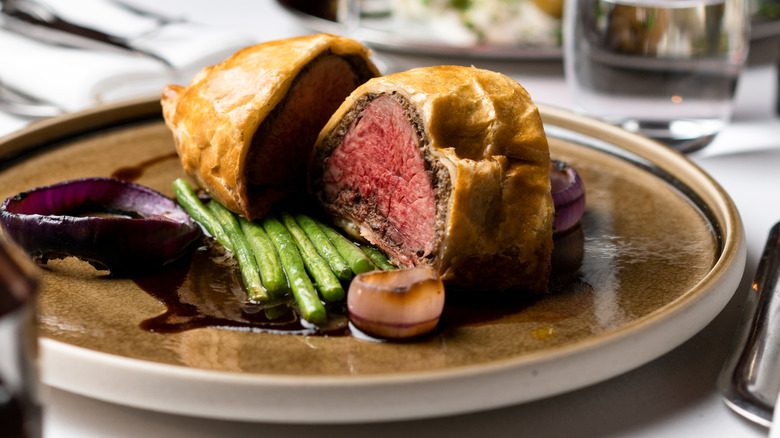 plate of beef Wellington at restaurant
