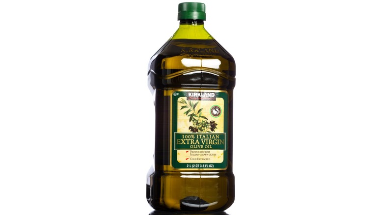 Bottle of Kirkland Signature Extra-Virgin Olive Oil with a white background