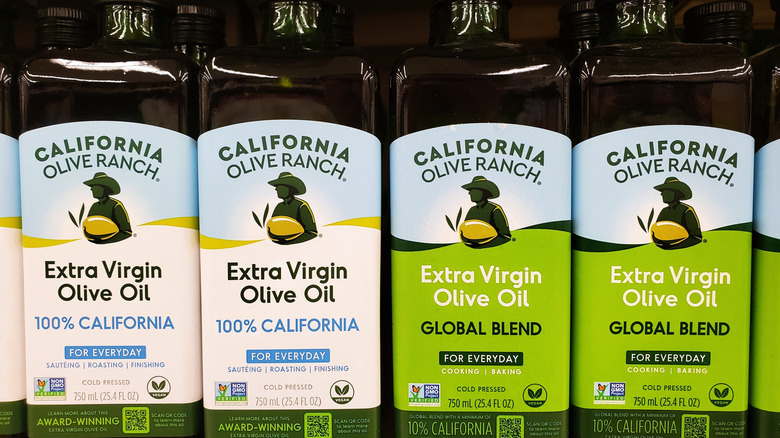 Close-up image of California Olive Ranch 100% California and Global Blend olive oil labels