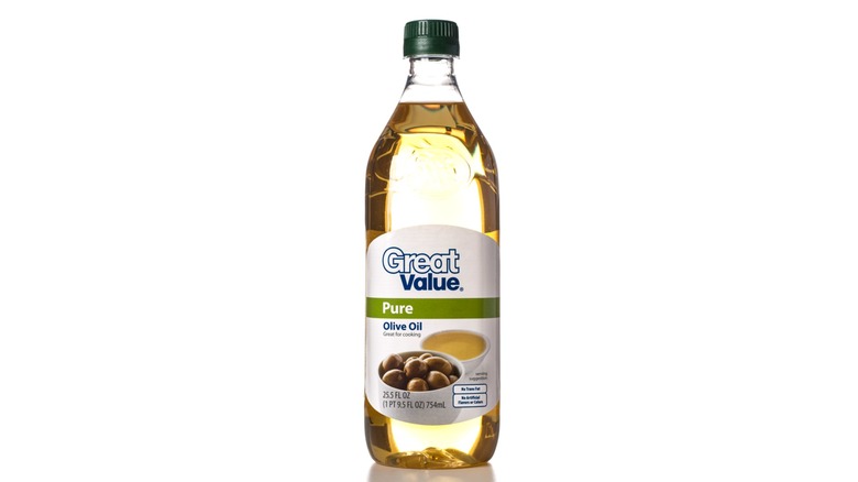 Walmart's Great Value olive oil with a white background