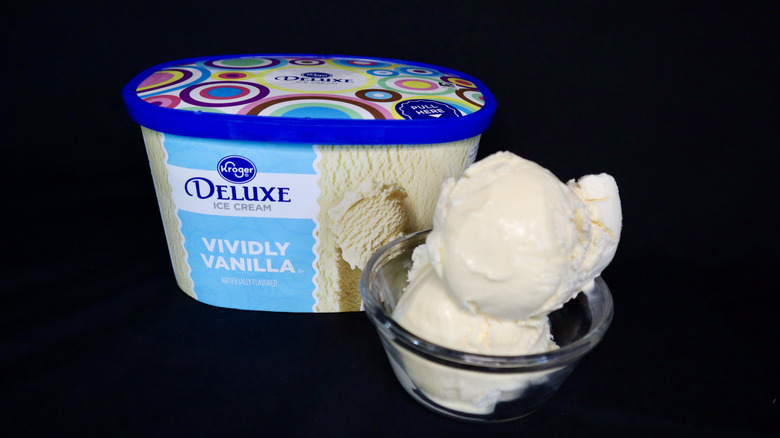 ice cream in bowl in front of colorful Kroger container