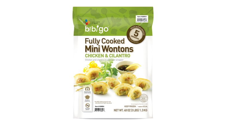 Bag of Bibigo chicken and cilantro wontons on a white background
