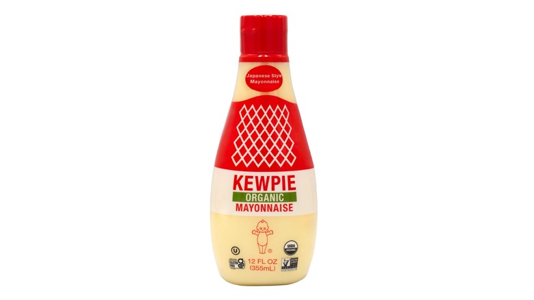 A bottle of Kewpie Organic Mayonnaise on a white background