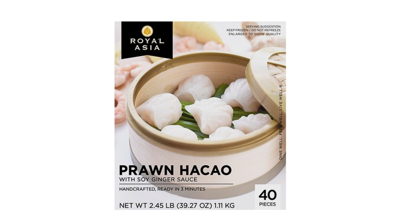Box of Royal Asia prawn hacao on a white background