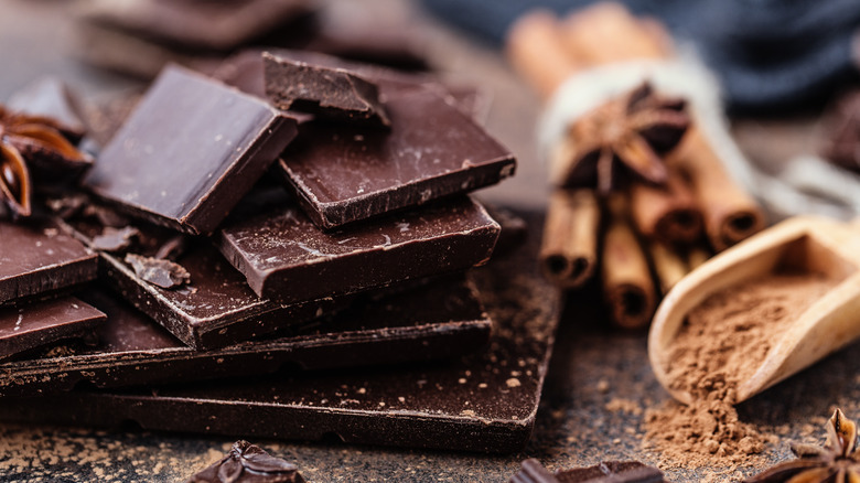 Pieces of chocolate with cocoa powder and spices