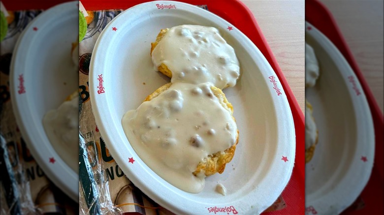 A serving of Bojangles biscuits and gravy.