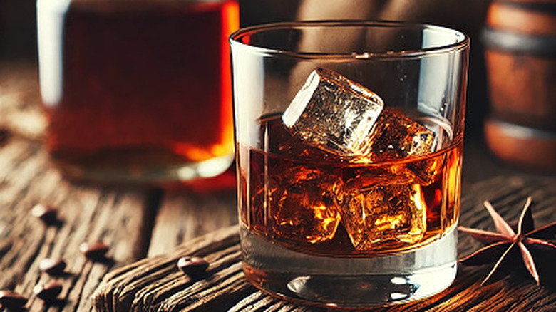 bottle and glass of bourbon on ice