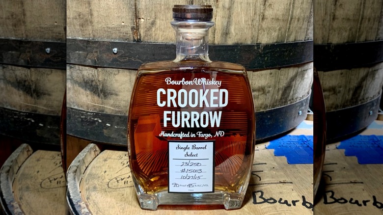 bottle of Crooked Furrow bourbon