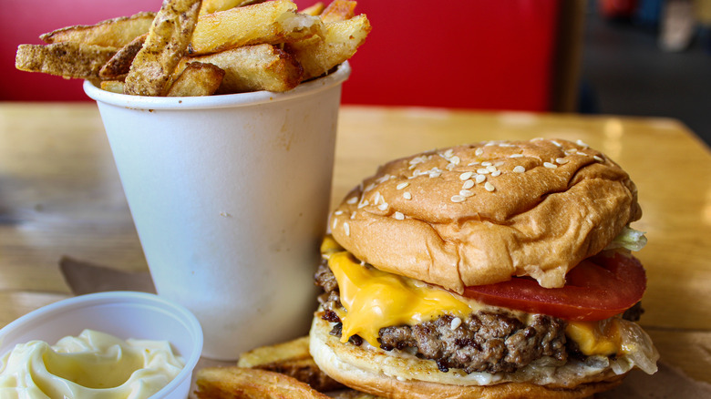 A Five Guys meal with burger and fries