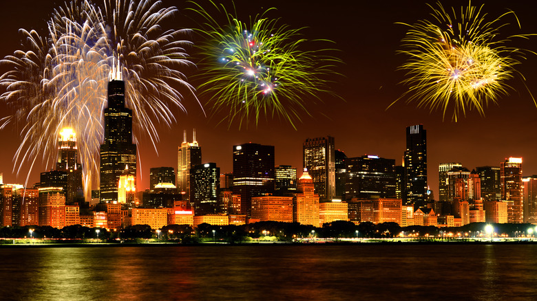 fireworks over Chicago at night