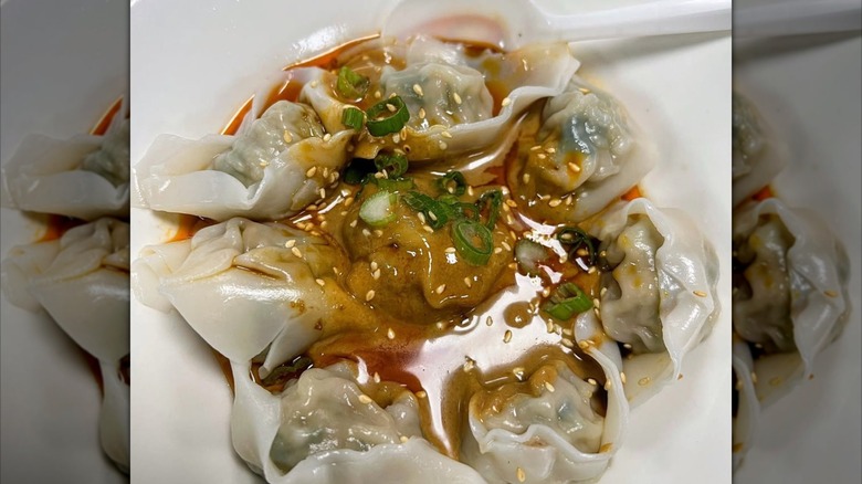 A close-up of the hot and spicy wontons from Deluxe Green Bo