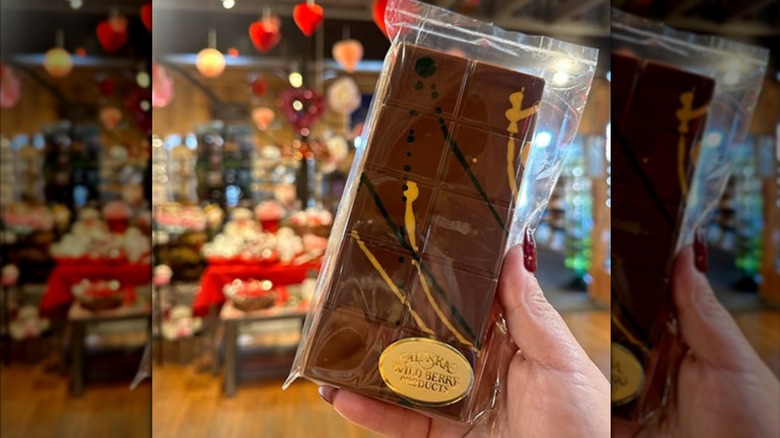Hand holding Alaska Wild Berry chocolate.
