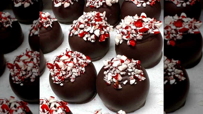 Bonbons topped with crushed peppermints.