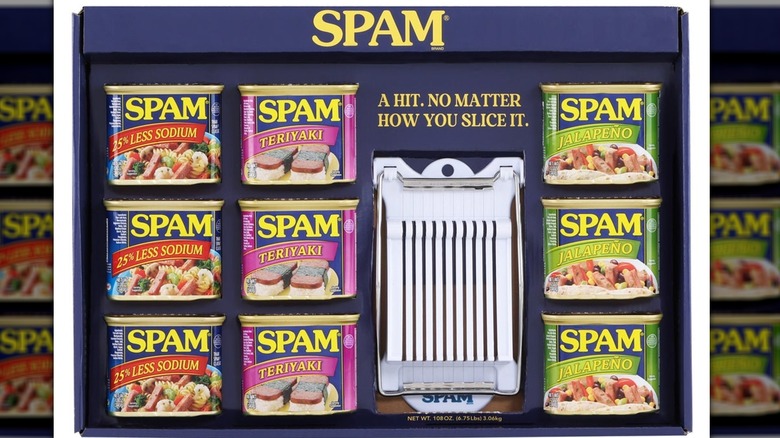 A variety pack of Spam with a slicer included.