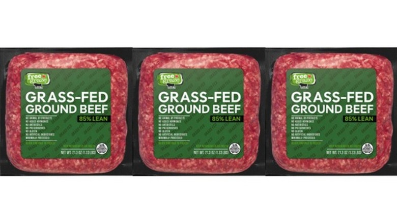 Three sealed packs of Grass-Fed Ground Beef, 4 pounds