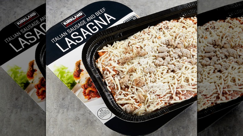 Open pack of Kirkland Signature Italian Sausage and Beef Lasagna