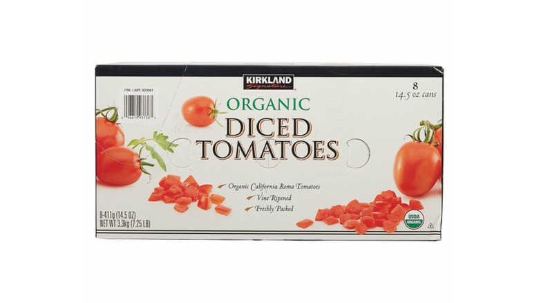 A box of Kirkland diced tomatoes on a white background