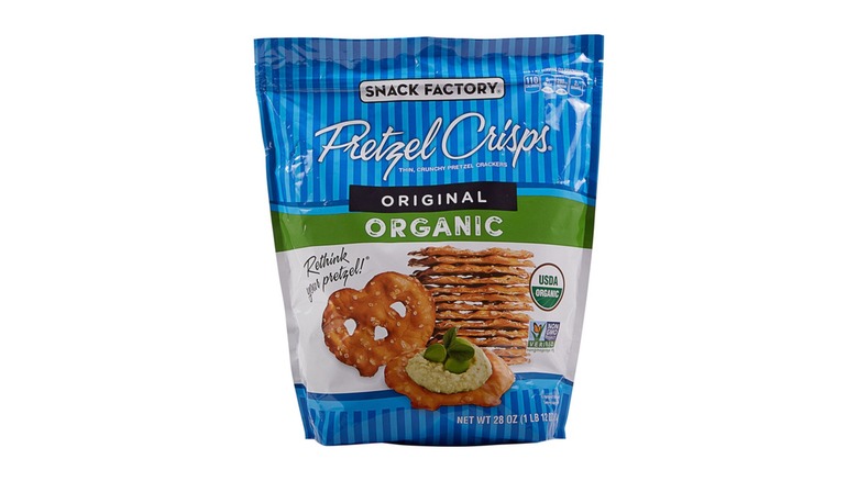 A bag of Snack Factory Original Pretzel Crisps on a white background