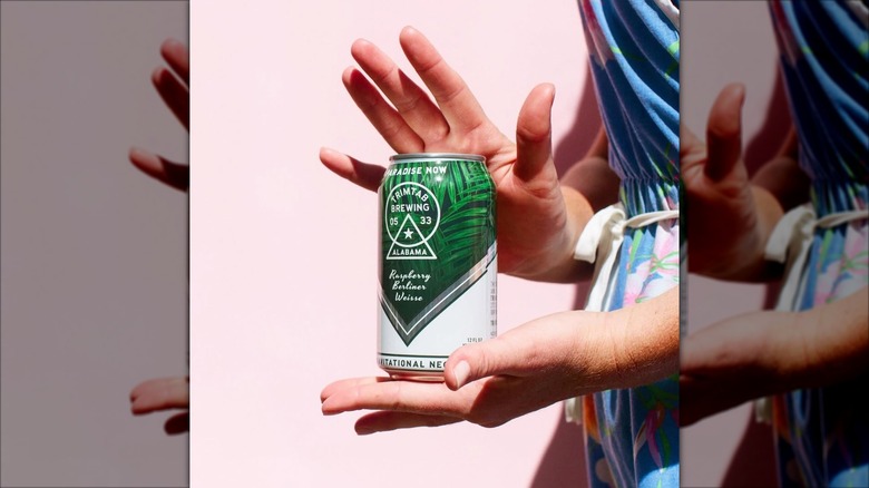 A person wearing a colorful dress holding a can of TrimTab Brewing's Paradise Now Raspberry Berliner Weisse against a light pink background