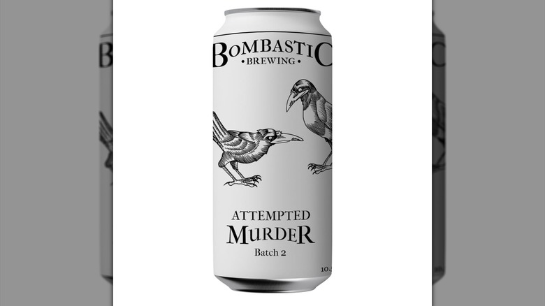 A white can of Bombastic Brewing's Attempted Murder Batch 2 featuring minimalist black illustrations of two crows against a white background.