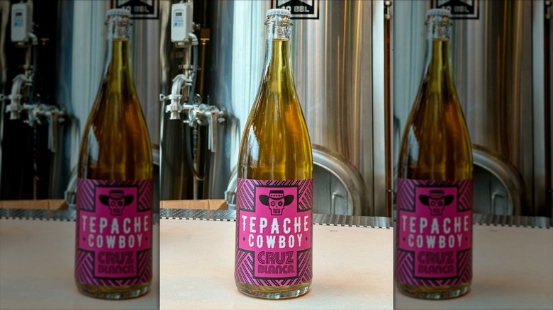 A tall glass bottle of Cruz Blanca's Tepache Cowboy with a bold pink label in front of brewery tanks.