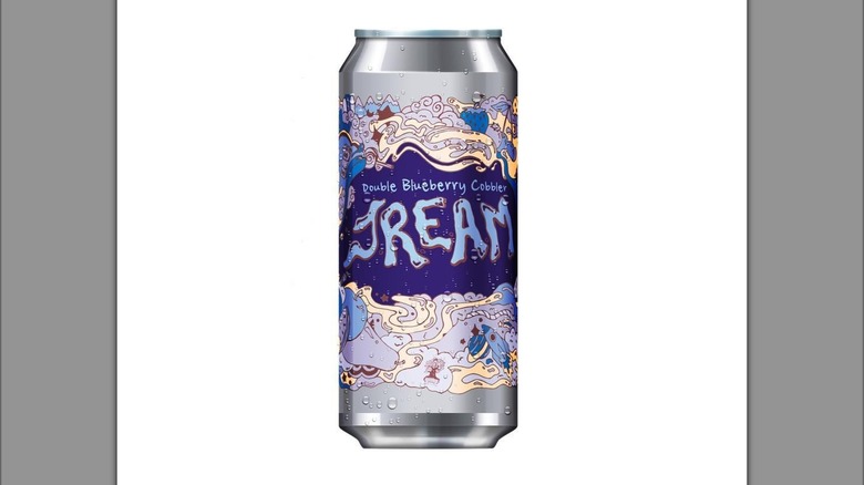 A can of Burley Oak Brewery's J.R.E.A.M. Double Blueberry Cobbler sour ale featuring a whimsical, blueberry-themed illustrated label.