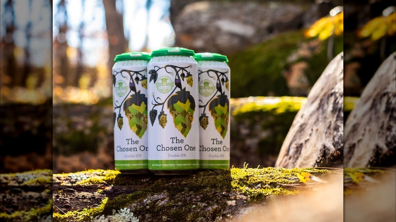 Four cans of The Chosen One Double IPA on a moss-covered log in the woods