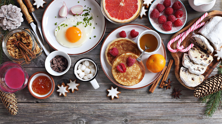 Christmas brunch table with eggs and candy canes