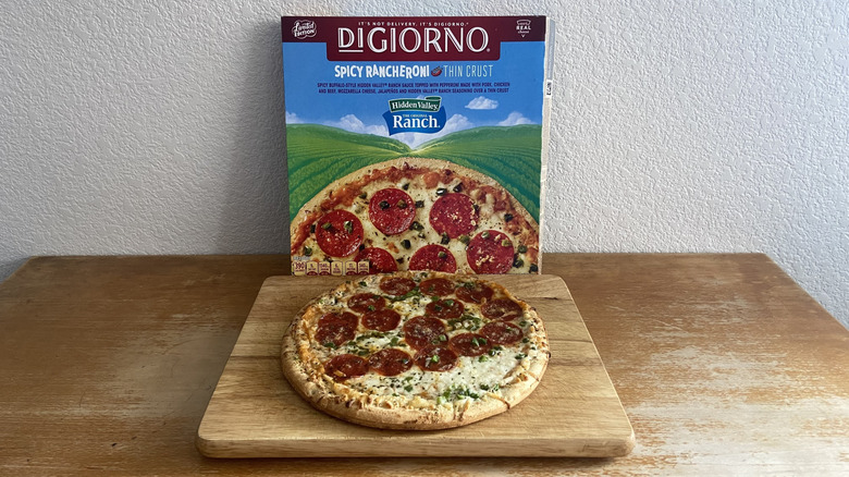 DiGiorno spicy Rancheroni pizza on wooden cutting board
