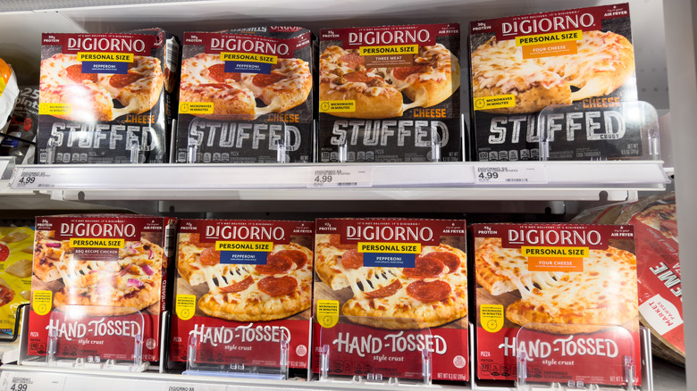 DiGiorno pizza boxes in grocery store freezer