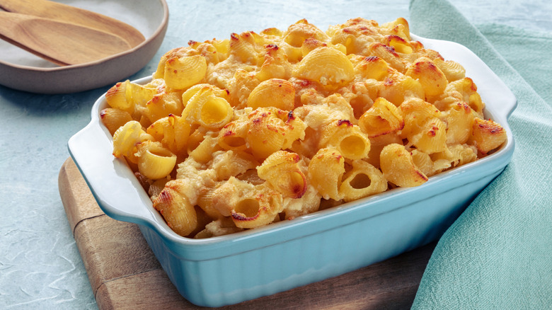 Baked mac and cheese in a white casserole dish