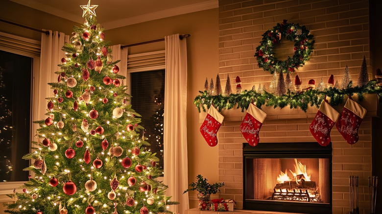 home decorated for christmas with tree and stockings