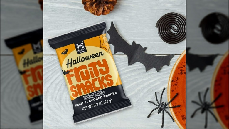 Pack of Halloween fruit snacks with fake spider