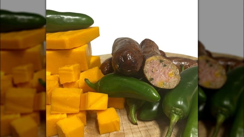Jalapeno and Cheddar Smoked Sausages with cubed cheddar and whole jalapenos