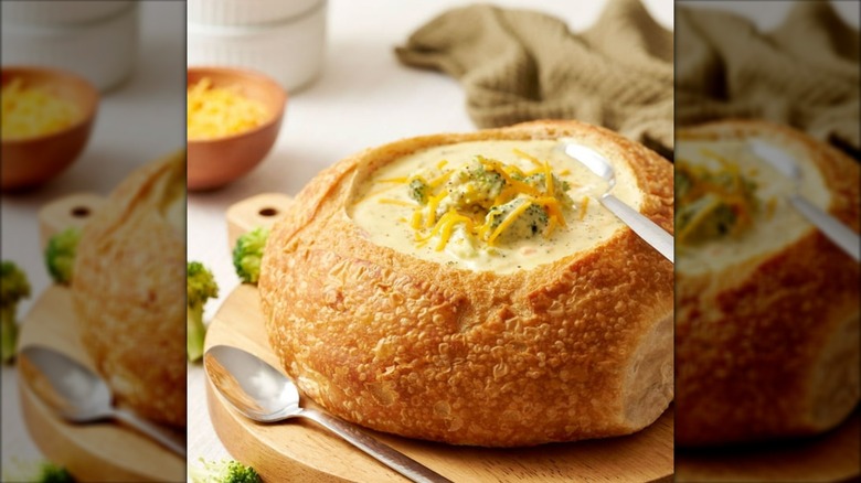 Broccoli Cheddar soup in bread bowl