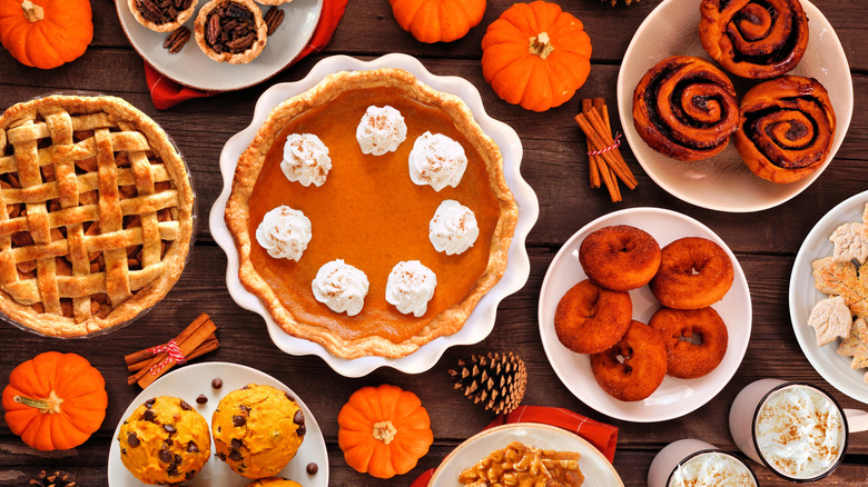 fall-themed pies, donuts, cinnamon rolls, muffins, and other foods
