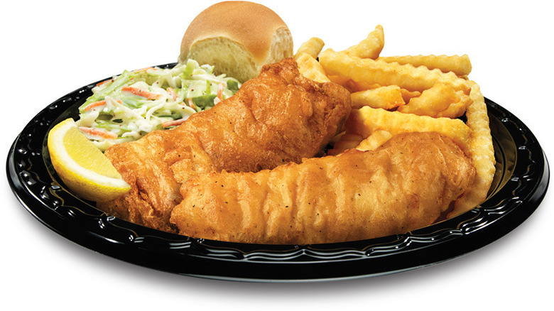 Plate with fried fish, coleslaw, roll, and fries