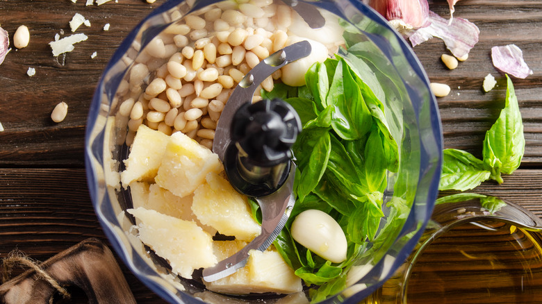 pesto ingredients in food processor