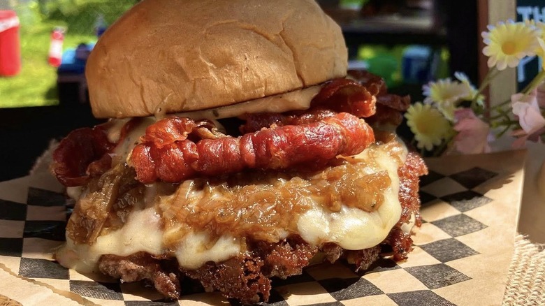A burger from The Angry Line Cook food truck